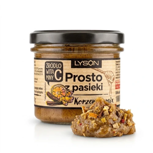 Połączenie miodu z cytrusami, cynamonem, imbirem i acerolą 100 g Łysoń — opakowanie i zawartość produktu