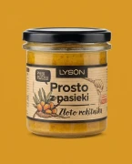 Miód rzepakowy kremowany z rokitnikiem i korzeniem mniszka 370 g Gospodarstwo Pasieczne Łysoń — opakowanie na tle w kolorze p