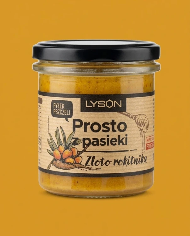 Miód rzepakowy kremowany z rokitnikiem i korzeniem mniszka 370 g Gospodarstwo Pasieczne Łysoń — opakowanie na tle w kolorze p