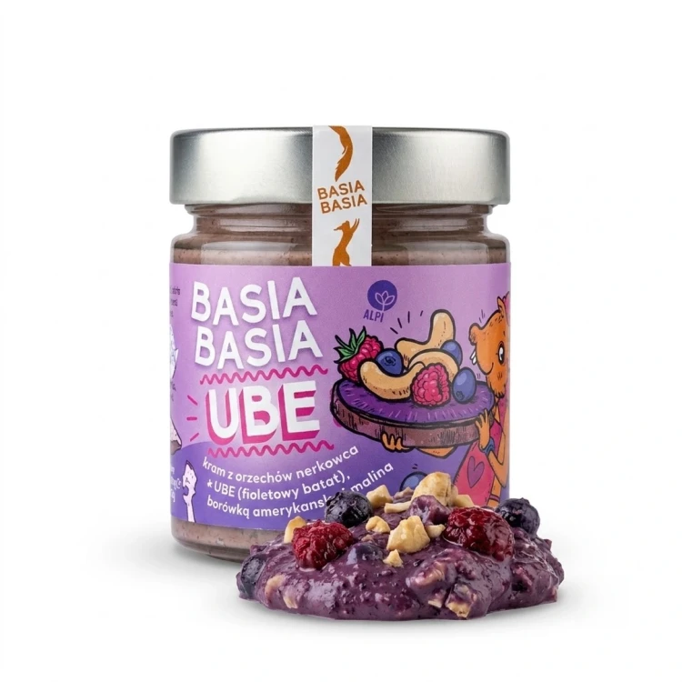 Krem z orzechów nerkowca z UBE (fioletowy batat), borówką amerykańską i maliną 195 g BA — opakowanie i zawartość produktu