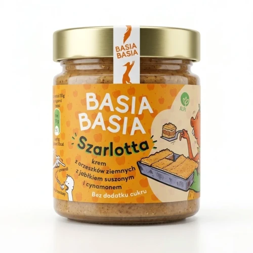 Krem na bazie orzeszków ziemnych z jabłkiem suszonym i cynamonem 195 g BASIA BASIA — opakowanie, zdjęcie studyjne